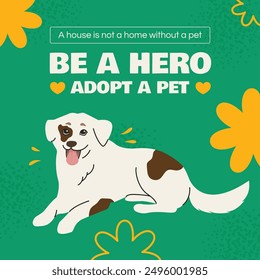 Banner template featuring a happy white dog with brown spots. Be a hero, adopt a pet. Illustration for social media, website, flyer, ads. For shelters, volunteers, veterinary clinics. Colorful.