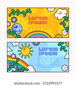 Plantilla de Anuncio con arco iris, sol sonriente, nubes, flores y hojas. Perfecto para diseños infantiles, promociones alegres, Ilustración vectorial de encabezado de redes sociales, estilo divertido de dibujos animados dibujado a mano
