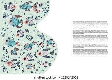 Banner template with fish collection isolated. Cute aquarium fish characters in doodle style. Vector color illustration.