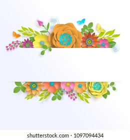 Banner Template Floral Paper Art With Flowers And Butterfly Vector Stock Illustration