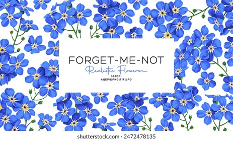 Banner template with forget-me-not flowers in realistic style with high detail. Hand drawn vector poster with space for your text, design of posts in social networks, advertising, prints for clothes