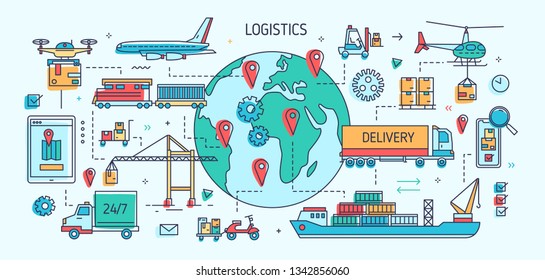 Banner template with freight vehicles and vessels carrying goods. Cargo transportation, international trade and delivery, worldwide shipment. Colorful vector illustration in modern line art style.