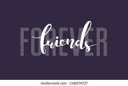 Banner template of Friendship Day with text "Friends Forever" on dark violet background. White ink brush lettering on semitransaparent narrow text. Friendship day celebration concept.