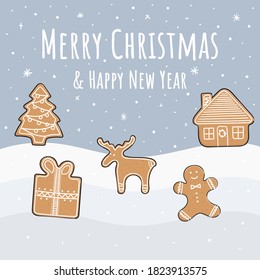 Banner template of gingerbread cookies. Christmas elements for winter holidays. Gingerbread cookies on the snow. Hand-drawn vector illustration.