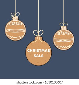 Banner template of gingerbread cookies on a string. Christmas elements for winter holidays. Hand-drawn vector illustration.