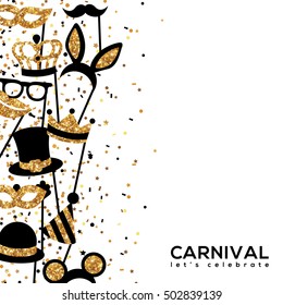 Banner Template with Golden Carnival Masks. Glittering Celebration Festive Border. Vector Illustration. 