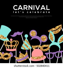 Banner Template with Golden Carnival Masks on Black Background. Glittering Celebration Festive Border. Vector Illustration.