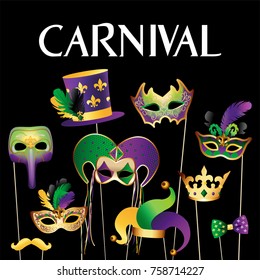 Banner Template with Golden Carnival Masks on Black Background. Glittering Celebration Festive Border. Vector Illustration.