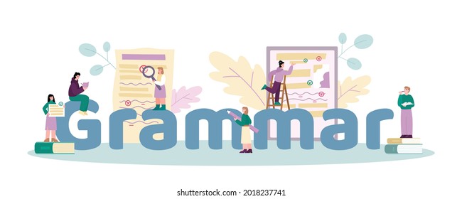 Banner template for grammar editor and copywriting services, flat vector illustration. Tiny characters correct mistakes and errors near huge Grammar word.
