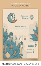 Plantilla de cartel con diseño de hierba dibujado a mano con minarete y media luna para ramadan kareem
