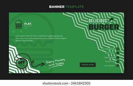 Banner template in green background with simple pattern and flat burger design for street food promotion design