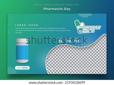Banner template in green blue background for pharmacist day campaign design