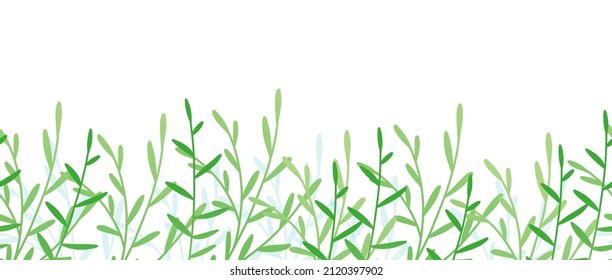 Banner template with green branches and leaves on a white background. Horizontal seamless border pattern with spring greens. Vector illustration