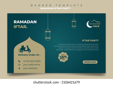 Banner template in Green and brown with islamic background design. Iftar mean is breakfasting and marhaban mean is welcome. Social media banner template design.