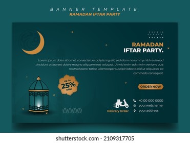 Banner template in green and gold background with lantern design. Iftar mean is breakfasting. Good template for Social media banner or billboard design.