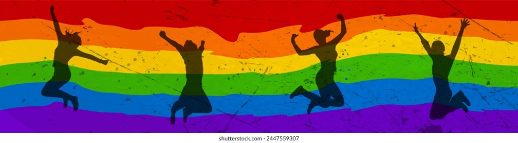 Anuncio Plantilla con un grupo de personas saltando juntas, representando a la comunidad LGBTQ, frente a la bandera arcoíris. Mes del orgullo. Relaciones homosexuales. Diseño de Vector para cabecera de Sitio web.