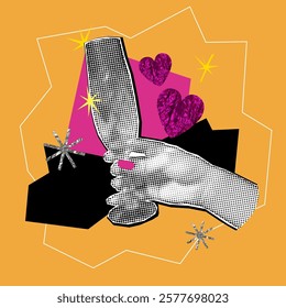 Banner template with halftone hand holding champagne flute glass art collage. Cut out paper modern retro vector illustration. Creative concept of Happy Valentines Day.