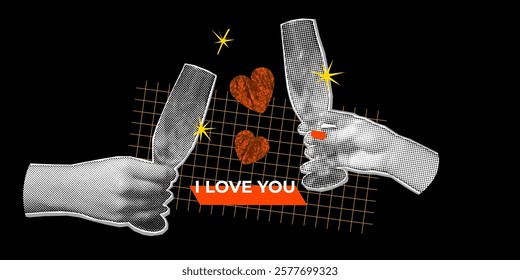 Banner template with halftone hand holding champagne flute glass art collage. Cut out paper modern retro vector illustration. Creative concept of Happy Valentines Day.