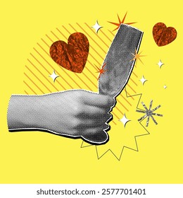 Banner template with halftone hand holding champagne flute glass art collage. Cut out paper modern retro vector illustration. Creative concept of Happy Valentines Day.
