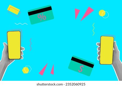 Banner-Vorlage mit halber Hand und Smartphone. Vektorgrafik mit geometrischen Formen