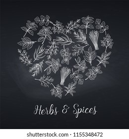 Banner template hand drawn sketch herbs and spices in shape heart for farmers market menu design. Vector illustration page decoration culinary herbs in chalkboard style