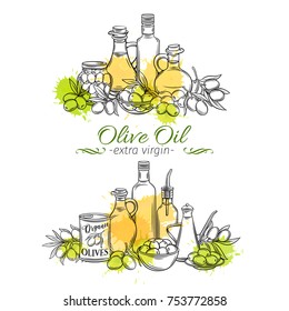 Banner template with hand drawn sketch olives, tree branches, glass bottle, jug , metal dispenser and olive oil for farmers market packaging design. Vector illustration in ink retro style.