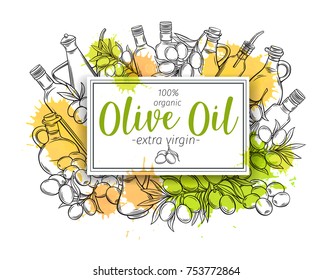 Banner template with hand drawn sketch olives, tree branches, glass bottle, jug , metal dispenser and olive oil for farmers market packaging design. Vector illustration in ink retro style.