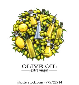 Banner template with hand drawn sketch olives, tree branches, glass bottle, jug , metal dispenser and olive oil for farmers market packaging design. Vector illustration in ink retro style.
