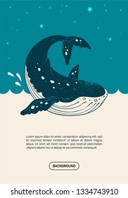 Banner template with a hand drawn whale with splash texture on night sky background. Ocean symbol vector illustration.