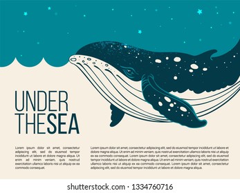 Banner template with a hand drawn whale with splash texture on night sky background. Ocean symbol vector illustration.
