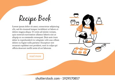 Banner template with hand drawn young woman cooking in the kitchen. Cartoon smiling character with apron. Doodle sketch style illustration. Concept of homemade food, prepare dinner, recipe book.