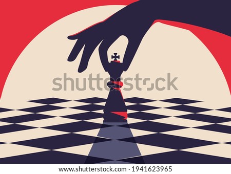 Banner template with hand holding chess piece. Strategy concept art in flat design.