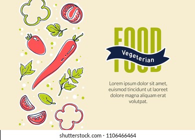 Banner template with hand-drawn vegetables and green. Healthy vegeterian food: cherry tomato, chili pepper, bell pepper, spinach, basil, parsley. Ornament of healthy food sketch. Vegan menu design