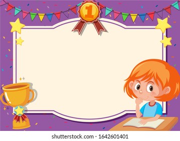 Banner template with happy girl sitting at the table illustration