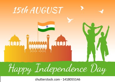 Banner template for Happy Independence Day of India in the colors of the national flag. Image of the Red Fort (Lal Kila) in Delhi and silhouettes of rejoicing people. Three doves over a happy family.