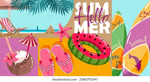 Banner template Hello Summer. Summer background with a surfing board, a beach, a cocktail in a coconut, a swimming circle with a watermelon.