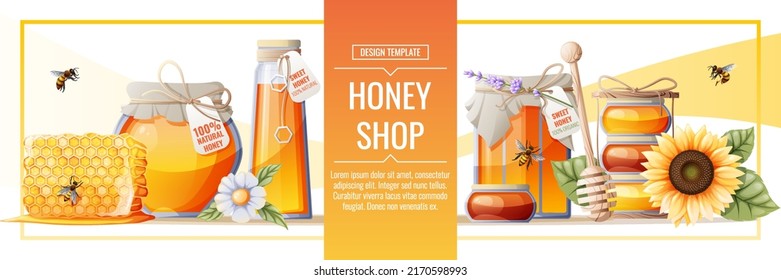 Banner template with honey products. Honey shop.Illustration of a jar of honey, honeycombs, bees, flowers. Design for label, flyer, poster, advertising