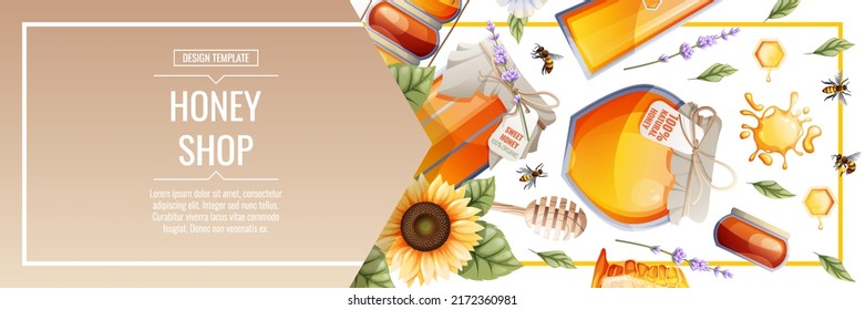 Banner template with honey products. Honey shop.Illustration of a jar of honey, honeycombs, bees, flowers. Design for label, flyer, poster, advertising