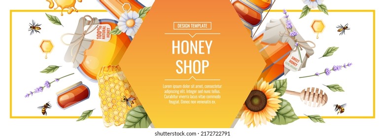 Banner template with honey products. Honey shop.Illustration of a jar of honey, honeycombs, bees, flowers. Design for label, flyer, poster, advertising.