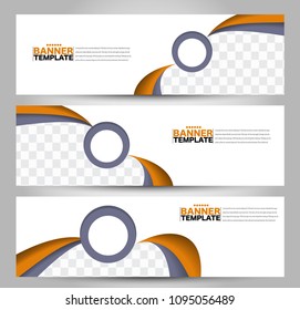 Banner template. Horizontal header. Abstract background for design,  business, education, advertisement. Blue and orange color. Vector  illustration.
