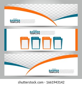 Banner template. Horizontal header. Abstract background for design,  business, education, advertisement. Blue and orange color. Vector  illustration.