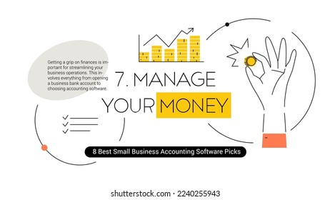 Banner template with human hand holding coin, and chart with money. Business startup. Vector illustration with text Manage Your Money. Editable stroke.