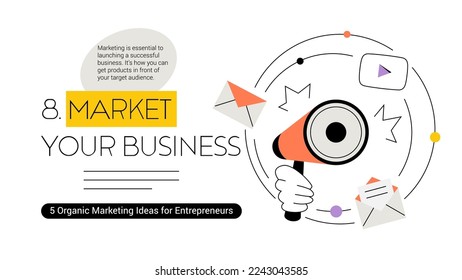 Banner template with human hand holding loudspeacker, envelopes, and broadcast icon. Business startup. Vector UI illustration with text Market Your Business. Editable stroke.