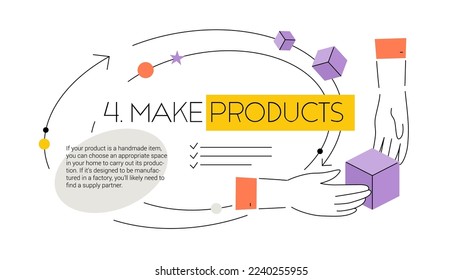 Banner template with human hands holding boxes. Business startup. Vector illustration with text Make Products. Editable stroke.