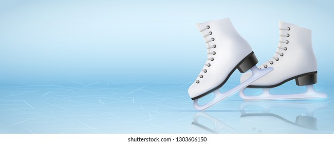 Banner Template Ice Poster Template of Ice Skating Rink with ice skate boots. Figure skating sport. Weekend Recreation Advertising and Announcement. Vector Illustration.