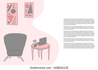 Banner template with interior of room. Vector illustration.
