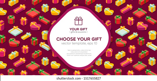 Banner template with isometric gift boxes pattern on red background, vector illustration. Bright, colorful present and gift boxes with ribbon bows