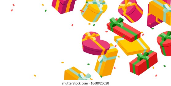 Banner template with isometric gift boxes on white background, vector illustration. Bright, colorful present and gift boxes with ribbon bows, confetti particles. Copy text place