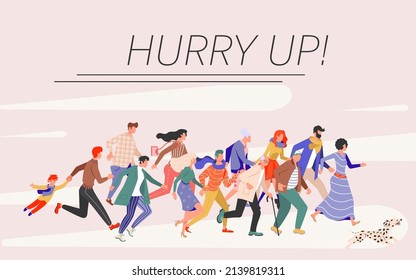 Banner template with Joyful running People group. Diversity of men and women late, hurry or haste. Flat Art Vector Illustration