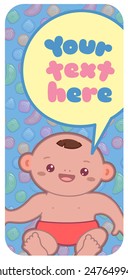 Banner template with kawaii baby and text. Seamless pattern with candies on background. Vector illustration.